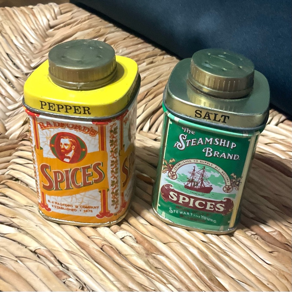 Vintage Radfords Set Salt Pepper Spices Tin Shakers
